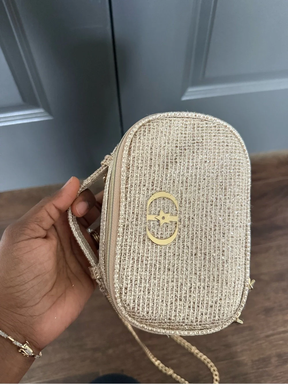Dior Metallic Gold Crossbody Cosmetic Bag with Chain Strap